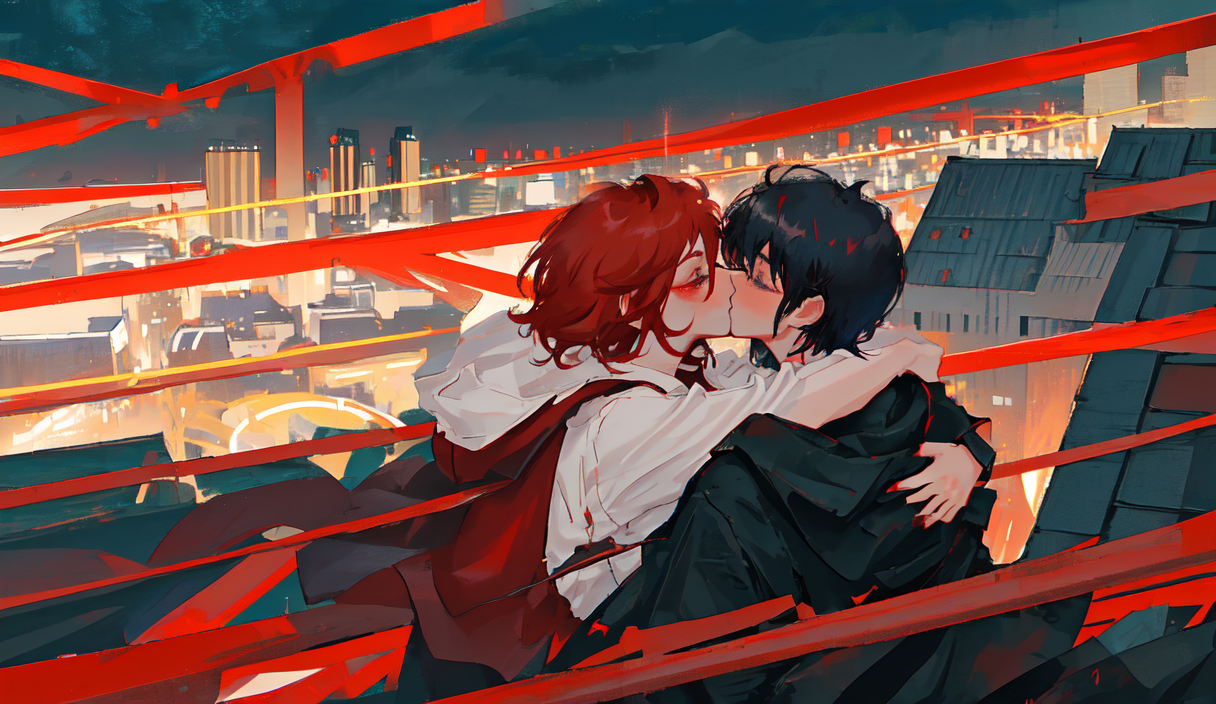 06006-4287001321-(short girl with short red hair) ((hugging ))a (high boy with long black bang), (((kiss))), (night city background, (night time).png